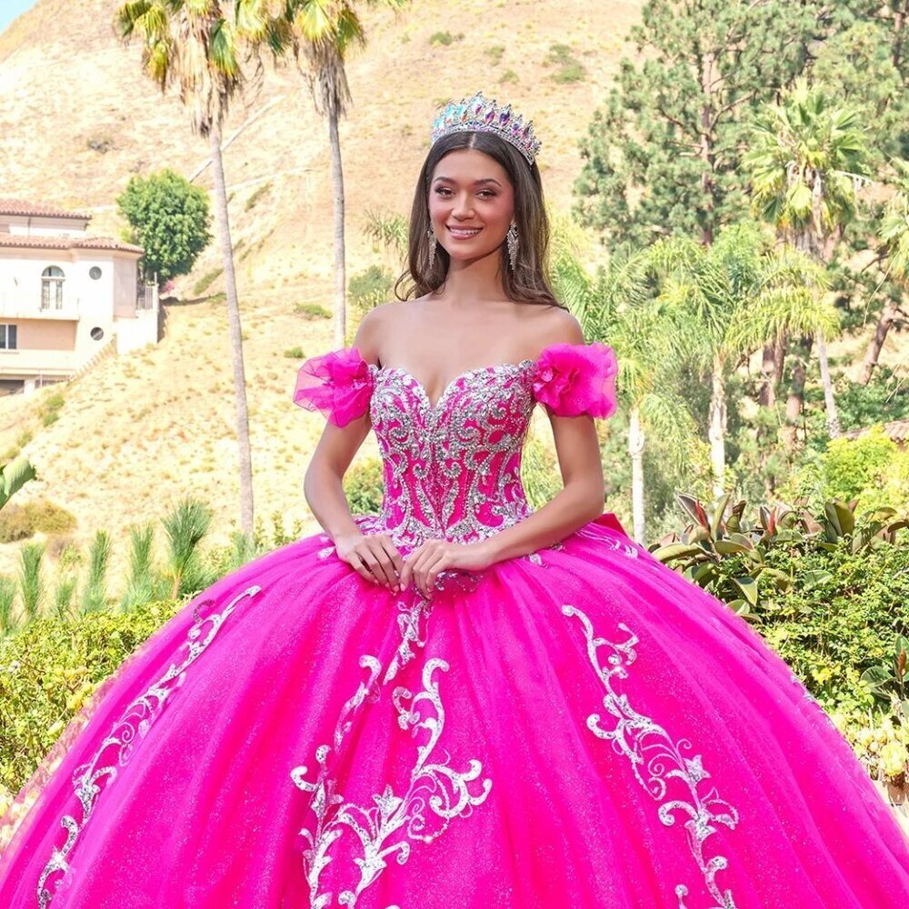 New Fuchsia Off Shoulder Quinceanera Gown w/ Removable Puff Sleeves & GL3709